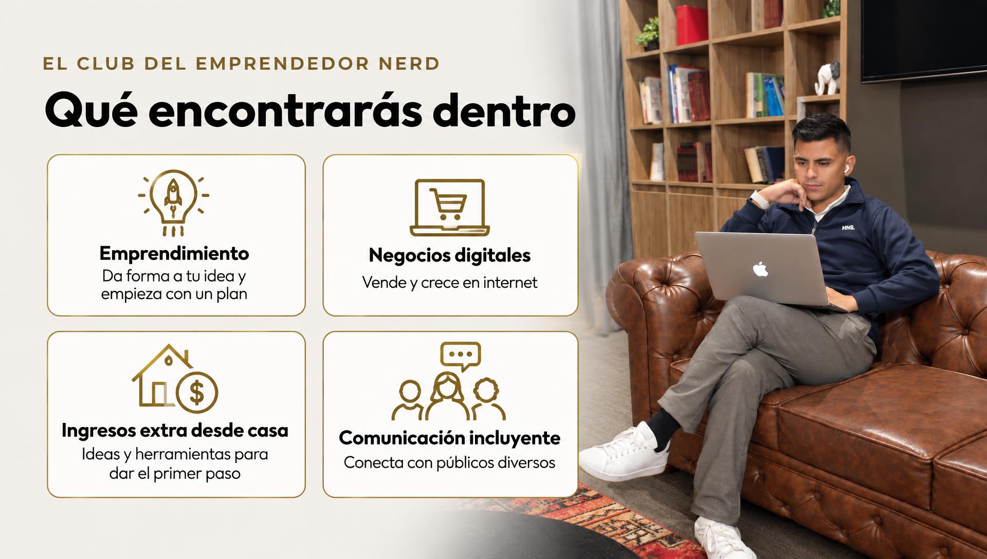 Resumen de lo que incluye el club: emprendimiento, negocios digitales, ingresos extra desde casa y comunicación incluyente.